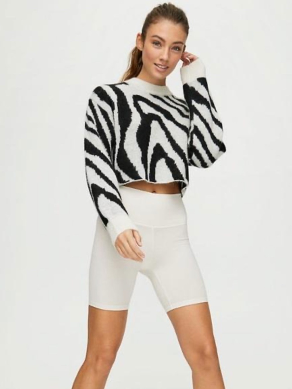 Aritzia TNA Utica Black White Zebra Print Cropped Sweater